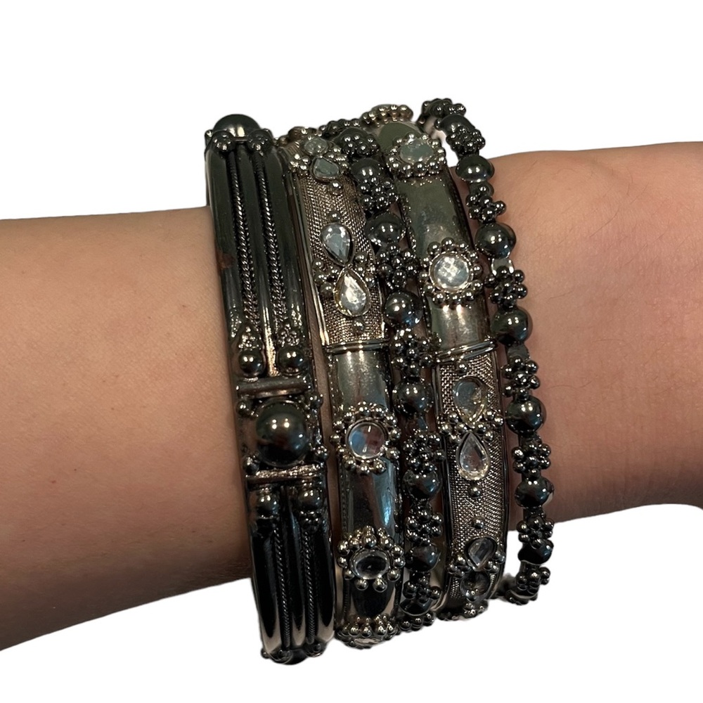 New! Amrita Singh 5-Piece Bangle Bracelet Set - Silver Tone with Rhinestones